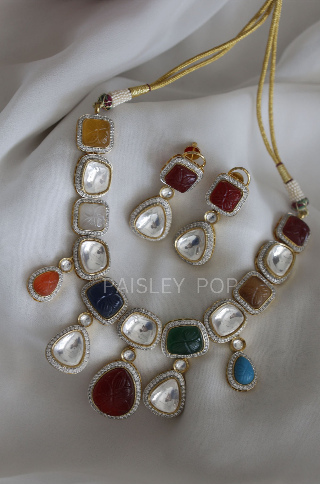 Gold Plated Navrattan Necklace With Polki Earrings / Multicolored Polki ...