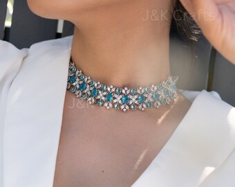 Conjunto de gargantilla de diamantes falsos / Collar de gargantilla turquesa / Collar de declaración / Accesorios de moda chic / Joyería hecha a mano / Joyería de cristal