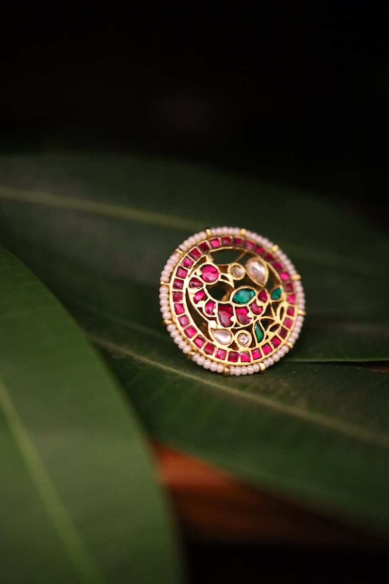 Gold Plated Pink Ring Studded with Pearls Gold Plated Pink Kundan Ring Kundan Ring Pink-Green Kundan Ring