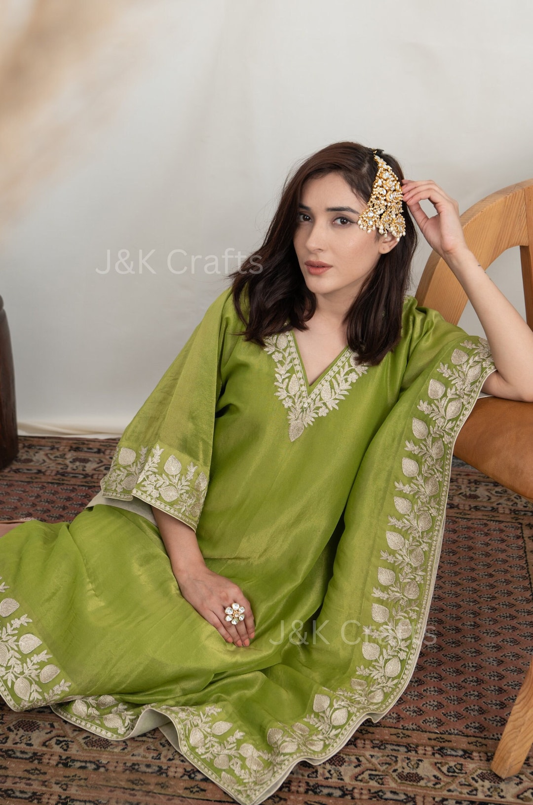 Lime Green Silk Tissue Kaftan Kurta Set: Kashmiri Embroidered Eid