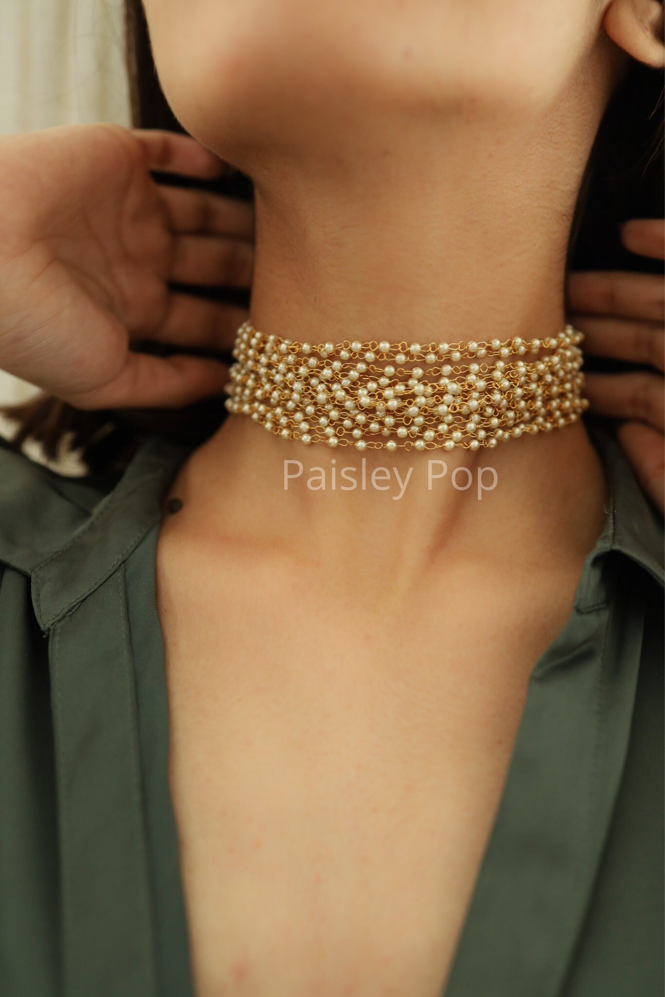 Multilayered Pearl Choker Gold Plated Necklace Stone Necklace