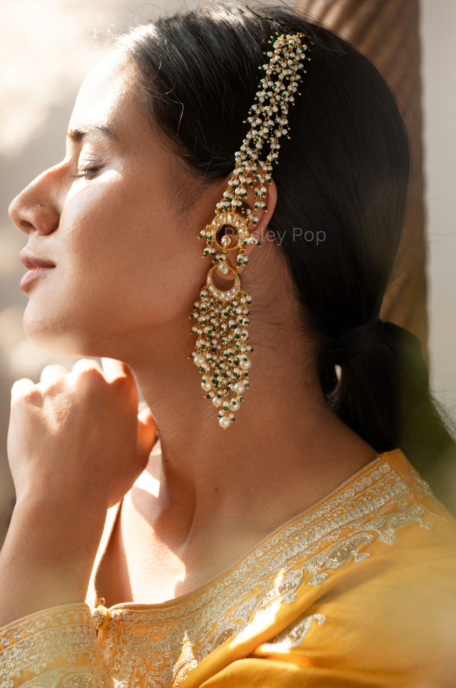 Green Riba Kundan Stud Earrings