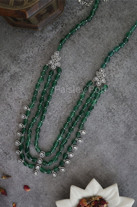 Jade Green Stone Layered Necklace With Faux Diamonds Faux Diamond Necklace Green Necklace Indian Jewelry Sabyasachi Jewelry Etsy