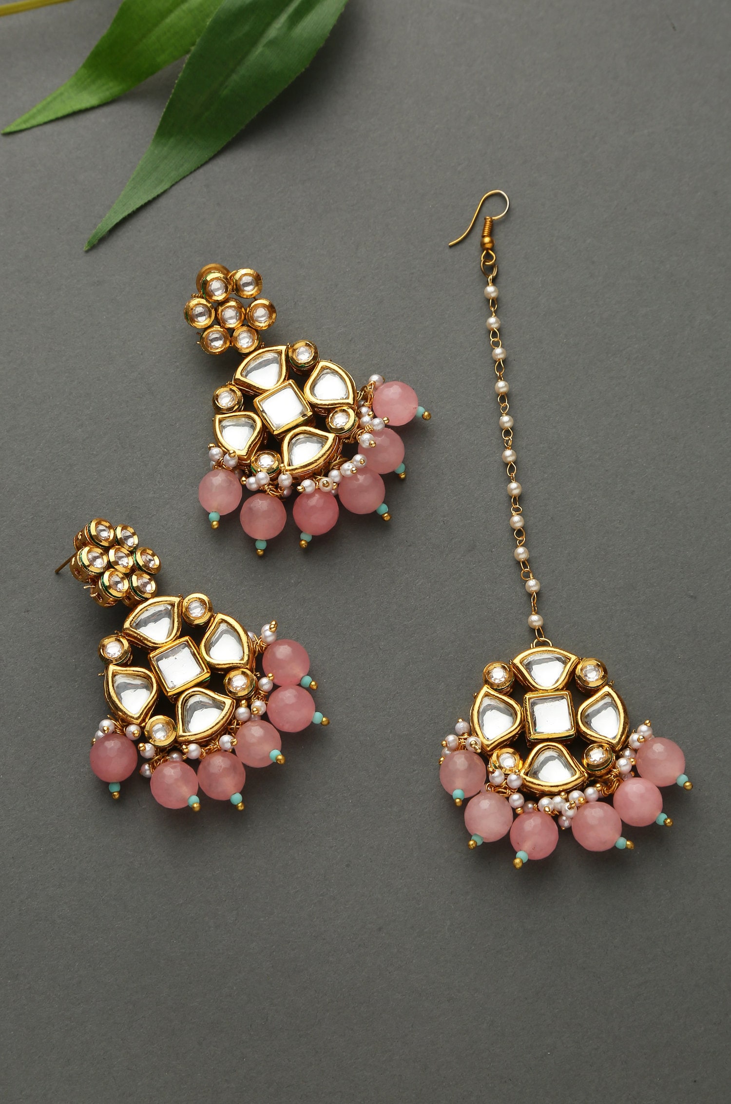 Gold & Pink Ethnic Kundan Earrings Set For Women