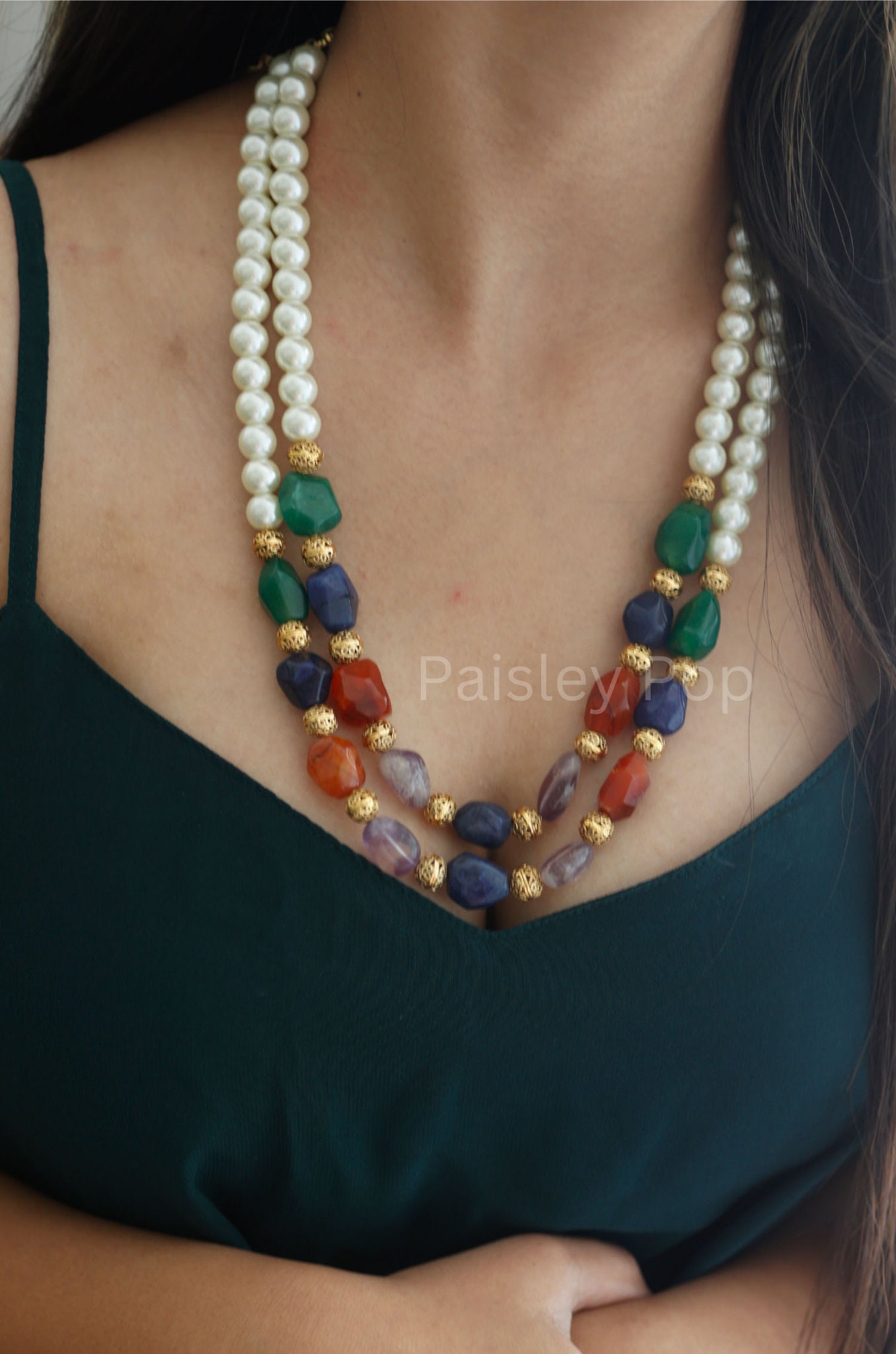 Navrattan Necklace With Pearls  Layered Necklace  Pearls Layered Necklace  With Semi Precious Stones  Indian Jewelry  Sabyasachi Jewelry - Etsy  Denmark