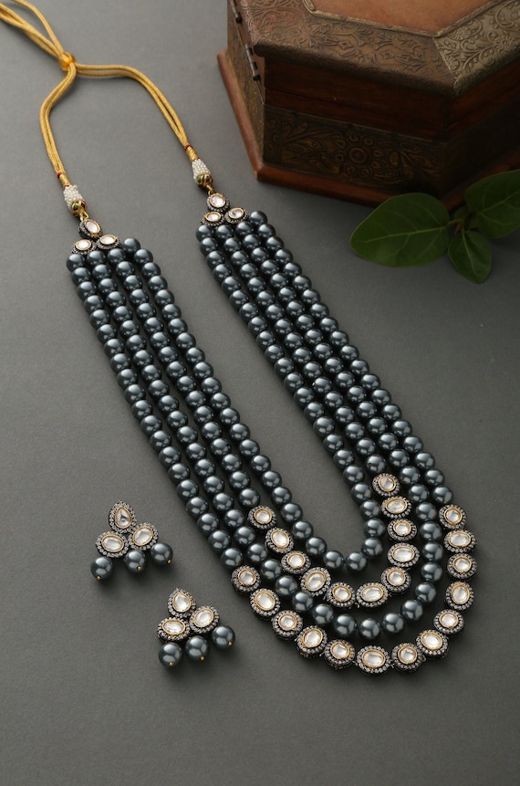 Silver Faux Polki With Shell Pearls Necklace Set long Necklace