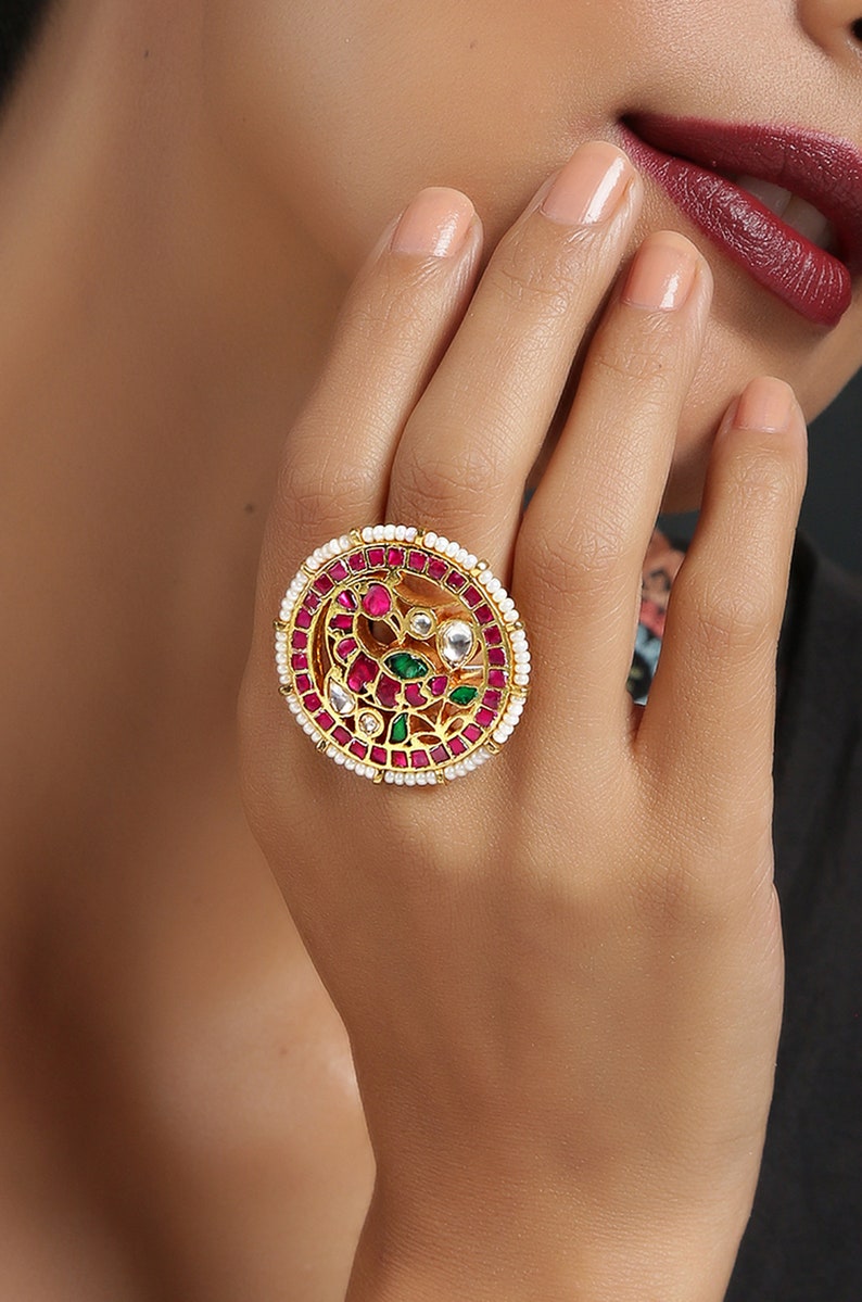 Gold Plated Pink Ring Studded with Pearls Gold Plated Pink Kundan Ring Kundan Ring Pink-Green Kundan Ring