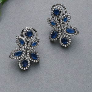 Yashika Blue Silver Tone Faux Diamond Studs / Silver Stud Earrings / Faux Diamond Earrings / Silver Tone Victorian Studs image 5