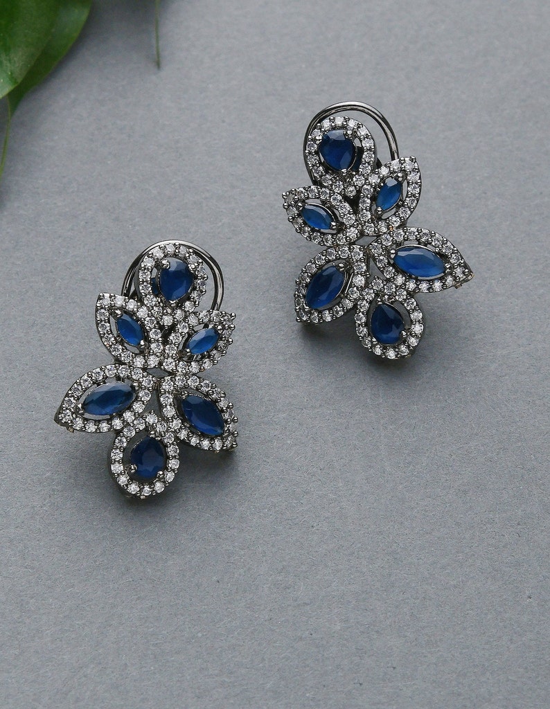 Yashika Blue Silver Tone Faux Diamond Studs / Silver Stud Earrings / Faux Diamond Earrings / Silver Tone Victorian Studs image 5