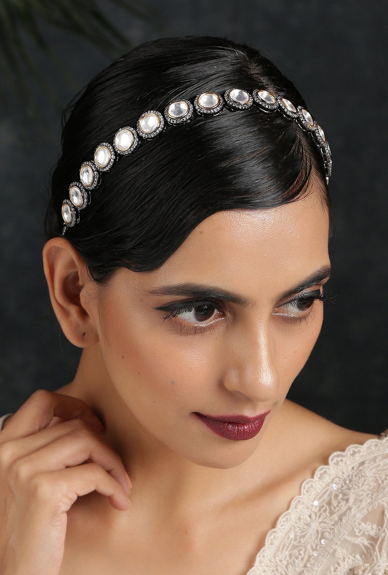 Polki Silver Headband/ Faux Diamond Headband/ Polki Diamond Headband/ Silver Victorian Headband/ Headband/ Polki/ Faux Diamond image 5