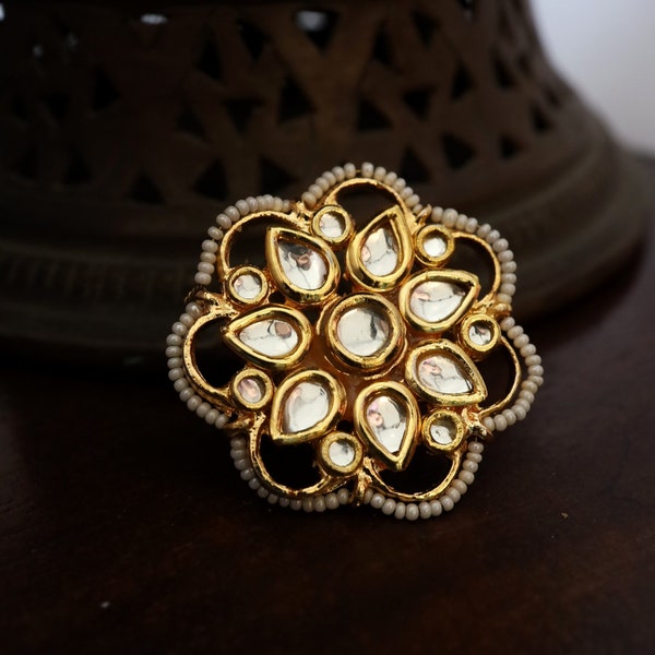 Gold Plated Floral Kundan and Pearls Ring/ Kundan Gold Plated Ring/ Pearls and Kundan Floral Ring/Gold Plated Kundan Floral Ring/Kundan Ring