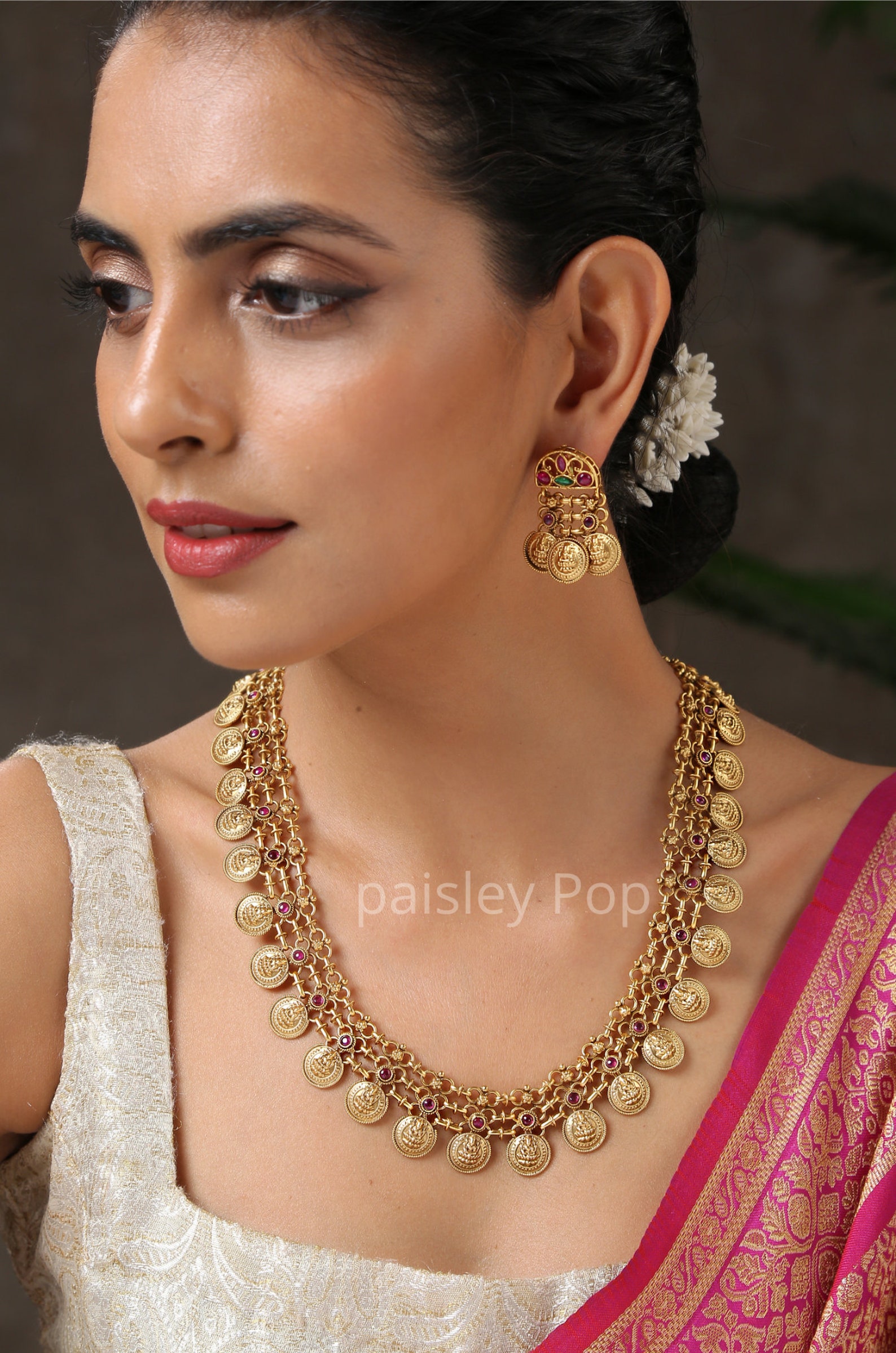 Gold Plated Temple Work Necklace Set South Indian Jewelry Etsy