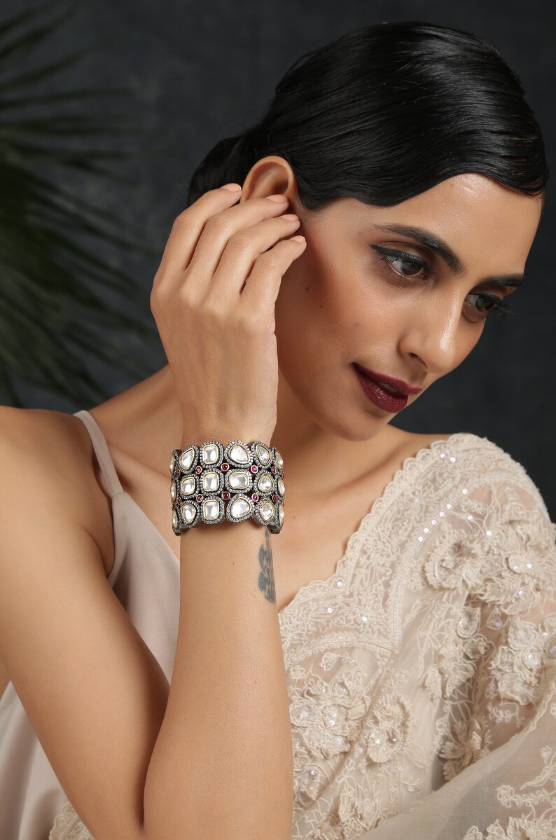 Polki Faux Diamond Victorian Bracelet with Semi-precious ruby stones Victorian Polki Bracelet Silver Polki Bracelet