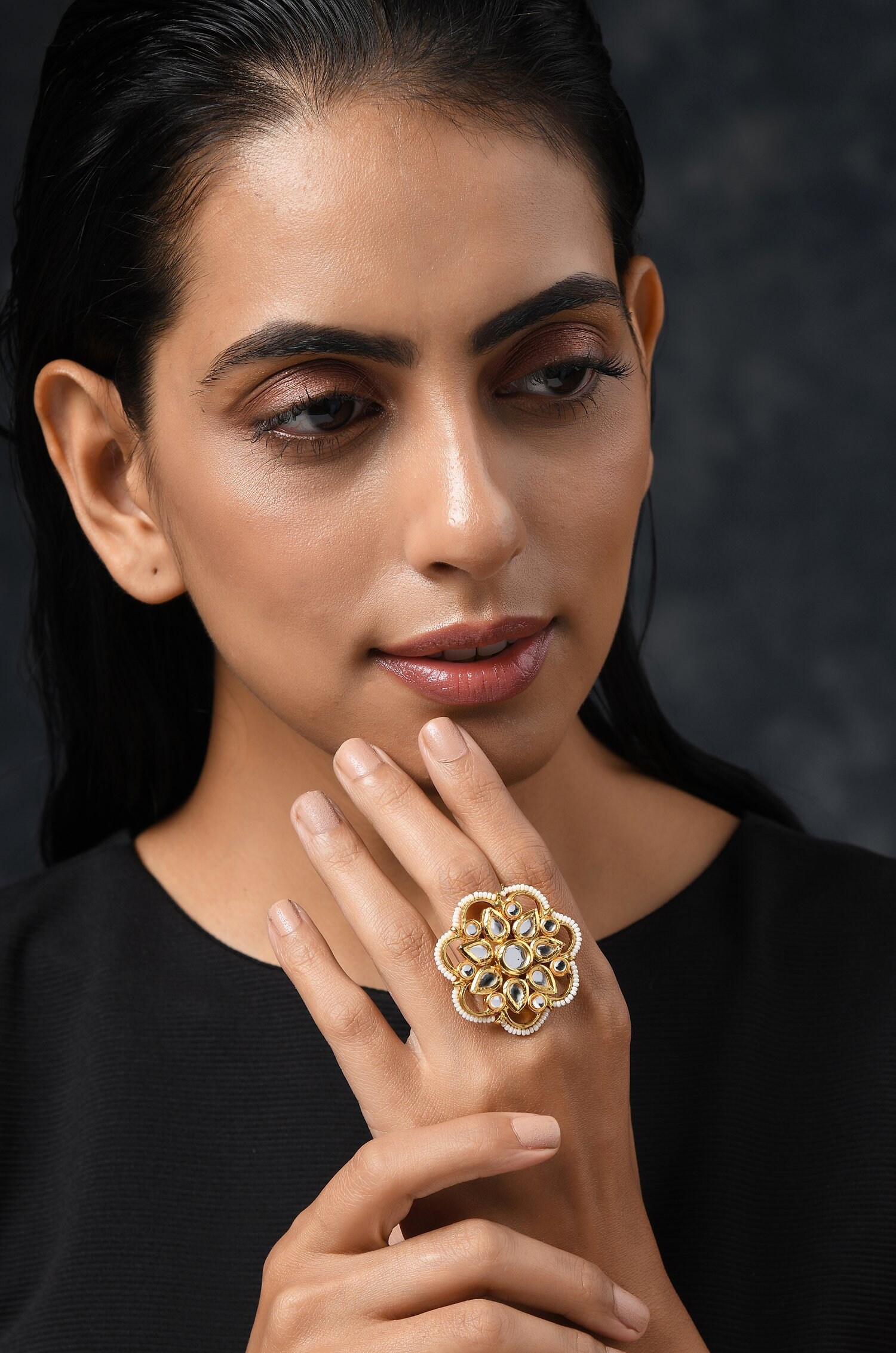 Gold-Plated Kundan Studded Adjustable Ring in Floral Pattern for Women (FL202W)