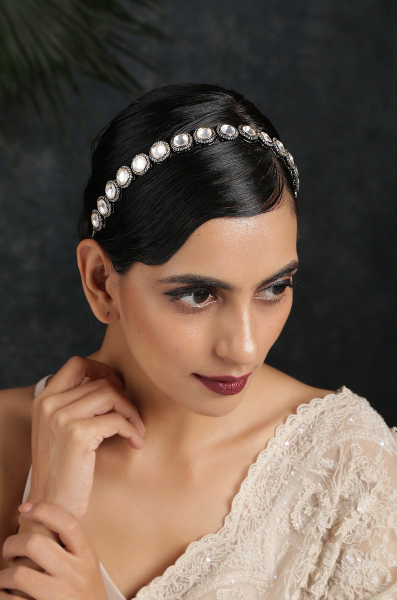 Polki Silver Headband/ Faux Diamond Headband/ Polki Diamond Headband/ Silver Victorian Headband/ Headband/ Polki/ Faux Diamond image 2