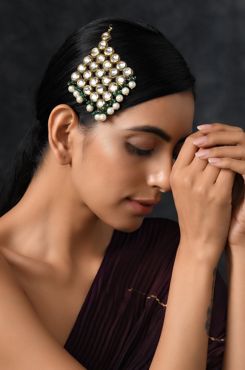 Green Gold Plated Kundan Passa/ Jhoomar/Indian Jewellery/Traditional Jewellery/Hair Jewellery .br Green Gold Plated Kundan Passa/ Jhoomar/Indian Jewellery/Traditional Jewellery/Hair Jewellery .br
