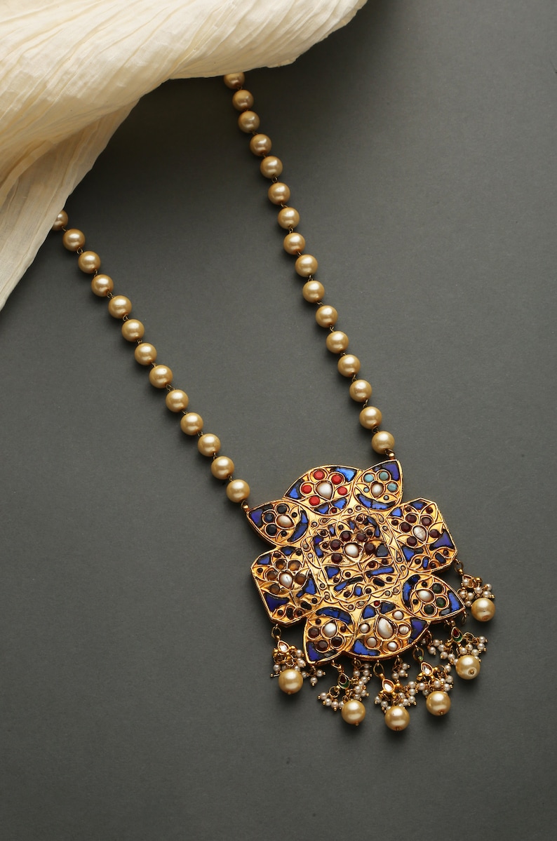 Blue Jadau Pearls Pendant Necklace/ Blue Meenakari Pendant Necklace image 5