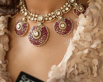 Pink Victorian Necklace Set | Rajasthani Polki Necklace | Floral Pink Necklace Set | Statement Jewelry | Modern Bridal Jewelry