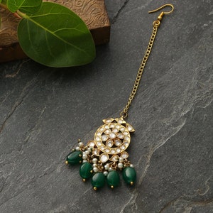 Gold Plated Kundan Green Maang Tikka/ Gold Plated Traditional Kundan Maang Tikka/ Gold Plated Green Kundan Maang Tikka/ Kundan Maang Tikka