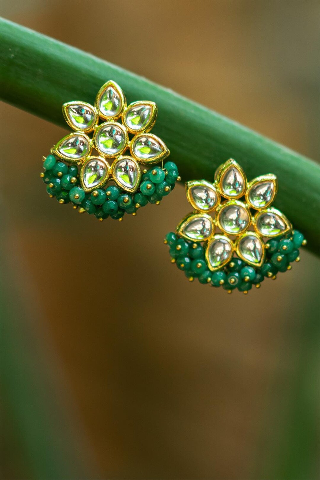 Green Gold Tone Kundan Earrings with Onyx