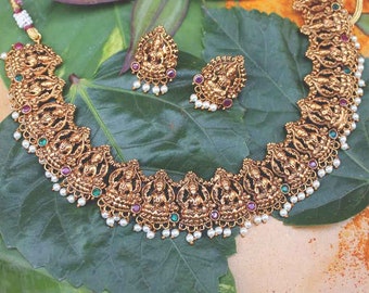 Intricate Temple Work Necklace Set With Pearls