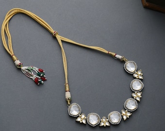 Silver and Gold two Tone Victorian Polki Choker Necklace, Delicate Silver and Gold Floral Choker, Kundan Polki Indian Choker Necklace