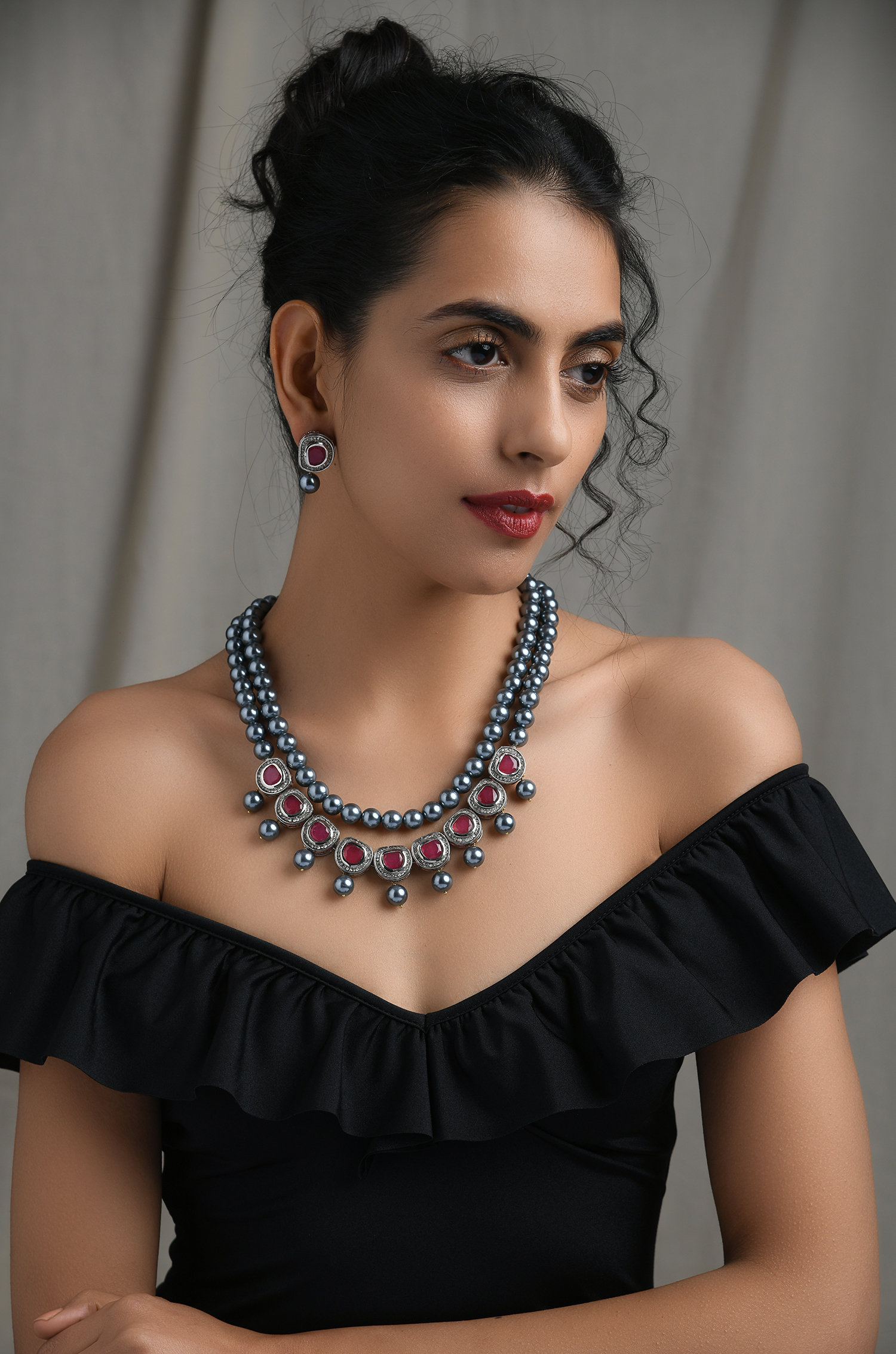 Red Faux Polki Necklace Set: Silver Tone Victorian Style