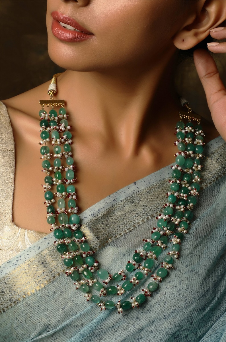 Green Gold Tone Pearl Beaded NecklacePearl NecklaceIndian JewelleryTraditional Jewellery