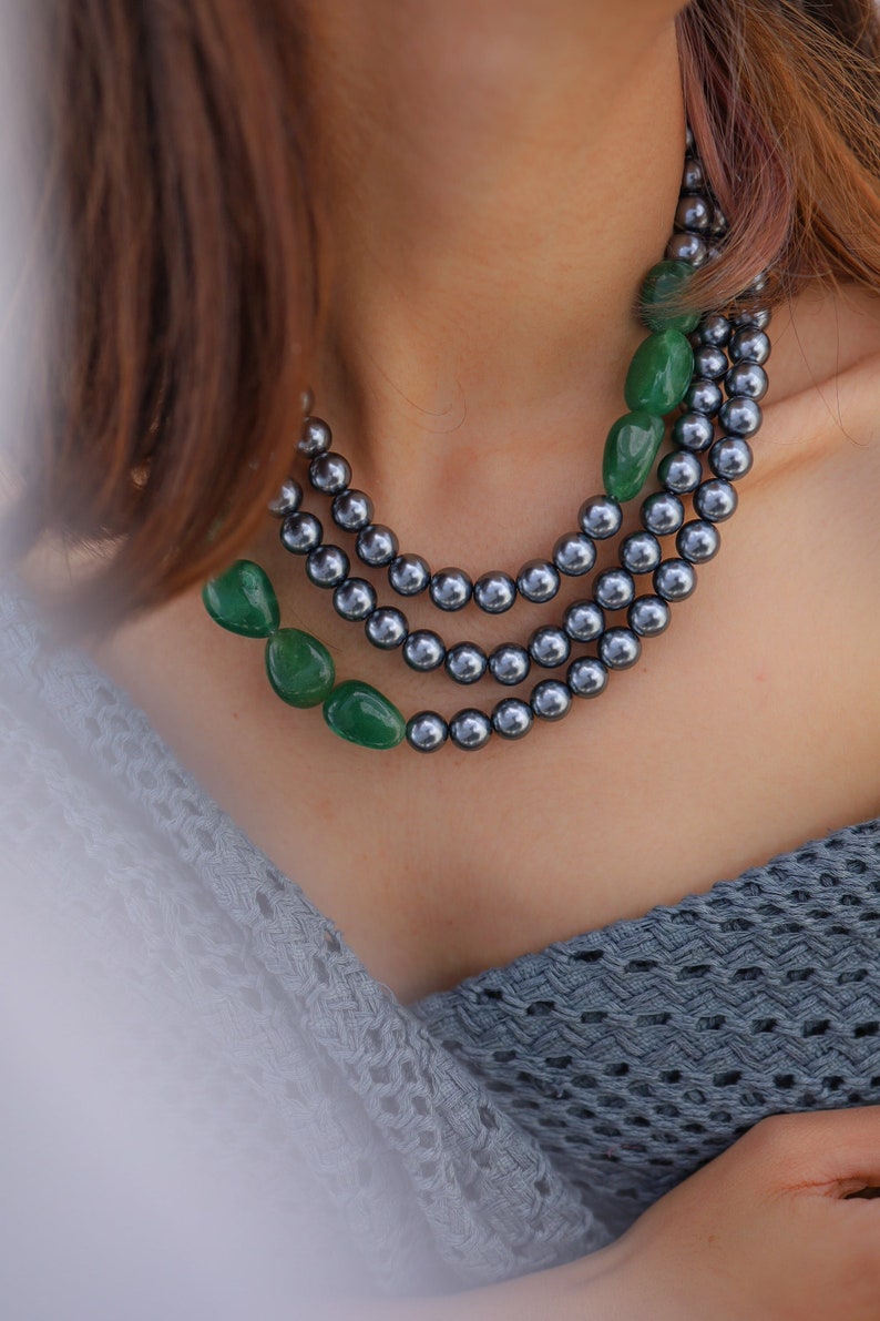 Green-Grey Multilayered Necklace/ Boho-chic Black Pearl Green Necklace/ Multilayered Green Necklace/ Multilayered Green-Grey Necklace image 1