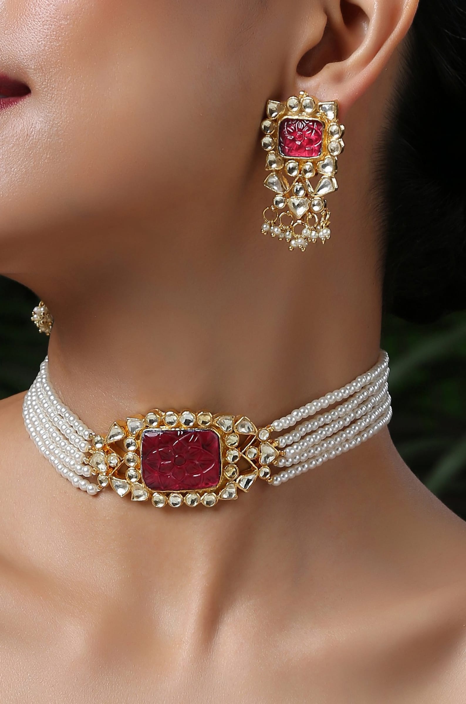 Gold Plated Red Kundan and Pearls Choker Necklace Set/ Pearls Etsy