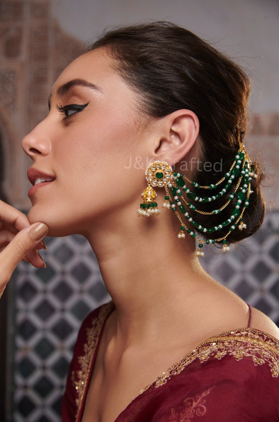 Green Kundan Earrings Indian Jhumka Earrings Kundan Hair Chain Earrings Bridal Jhumka Earrings South Indian Wedding Jewelry Etsy Canada