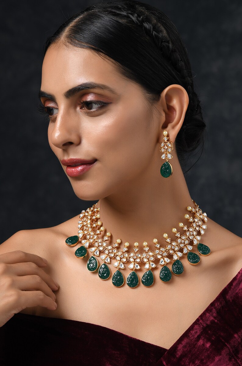 Green Gold Plated Polki Necklace With Earrings/ Gold Plated Etsy