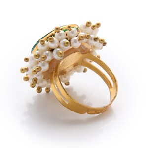 Green Gold Tone Pearl Beaded Adjustable Ring image 4