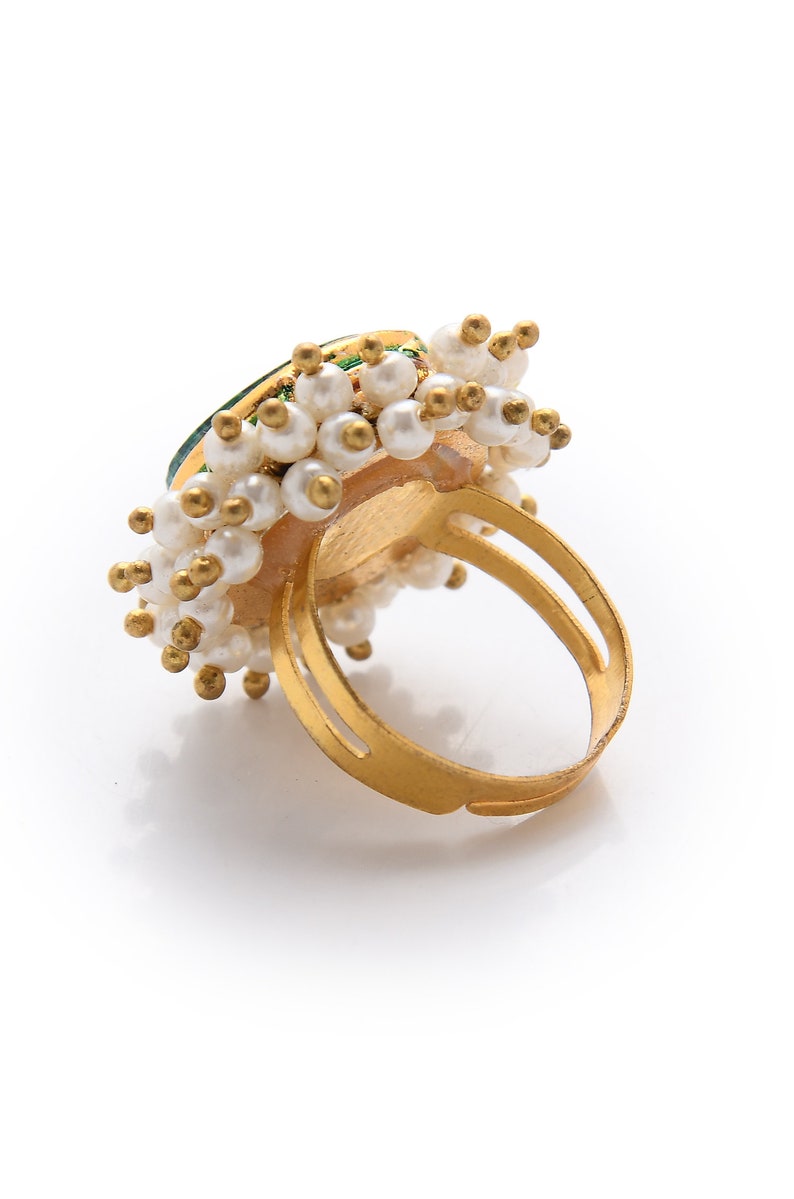 Green Gold Tone Pearl Beaded Adjustable Ring image 4