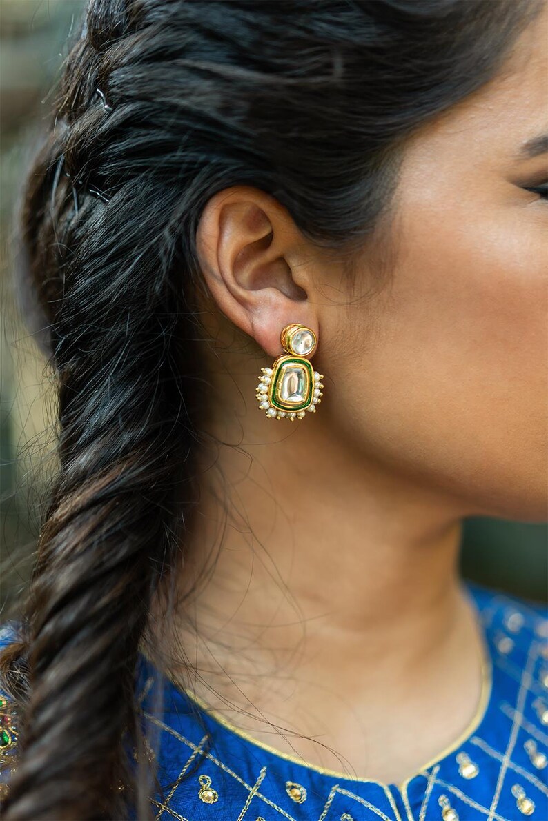 Pearls and Gold Tone Kundan Inspired Stud Earrings image 2