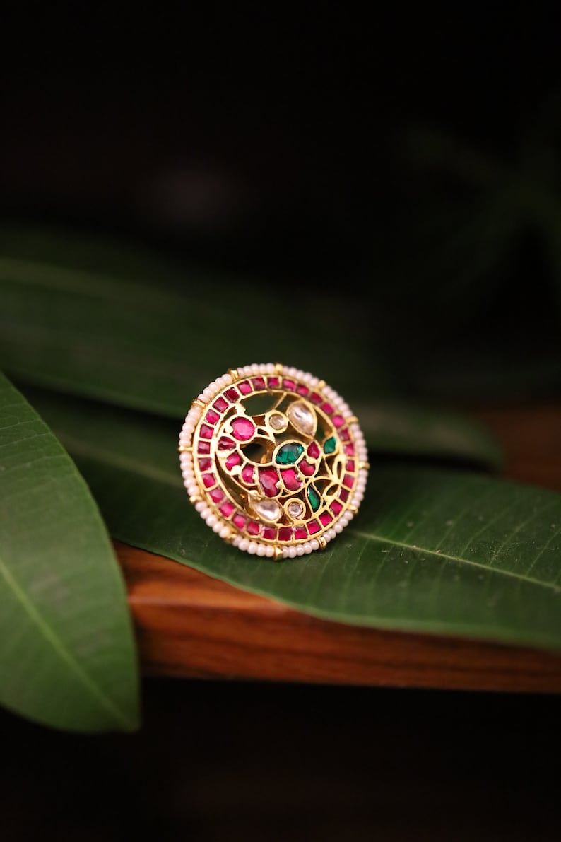 Gold Plated Pink Ring Studded with Pearls Gold Plated Pink Kundan Ring Kundan Ring Pink-Green Kundan Ring