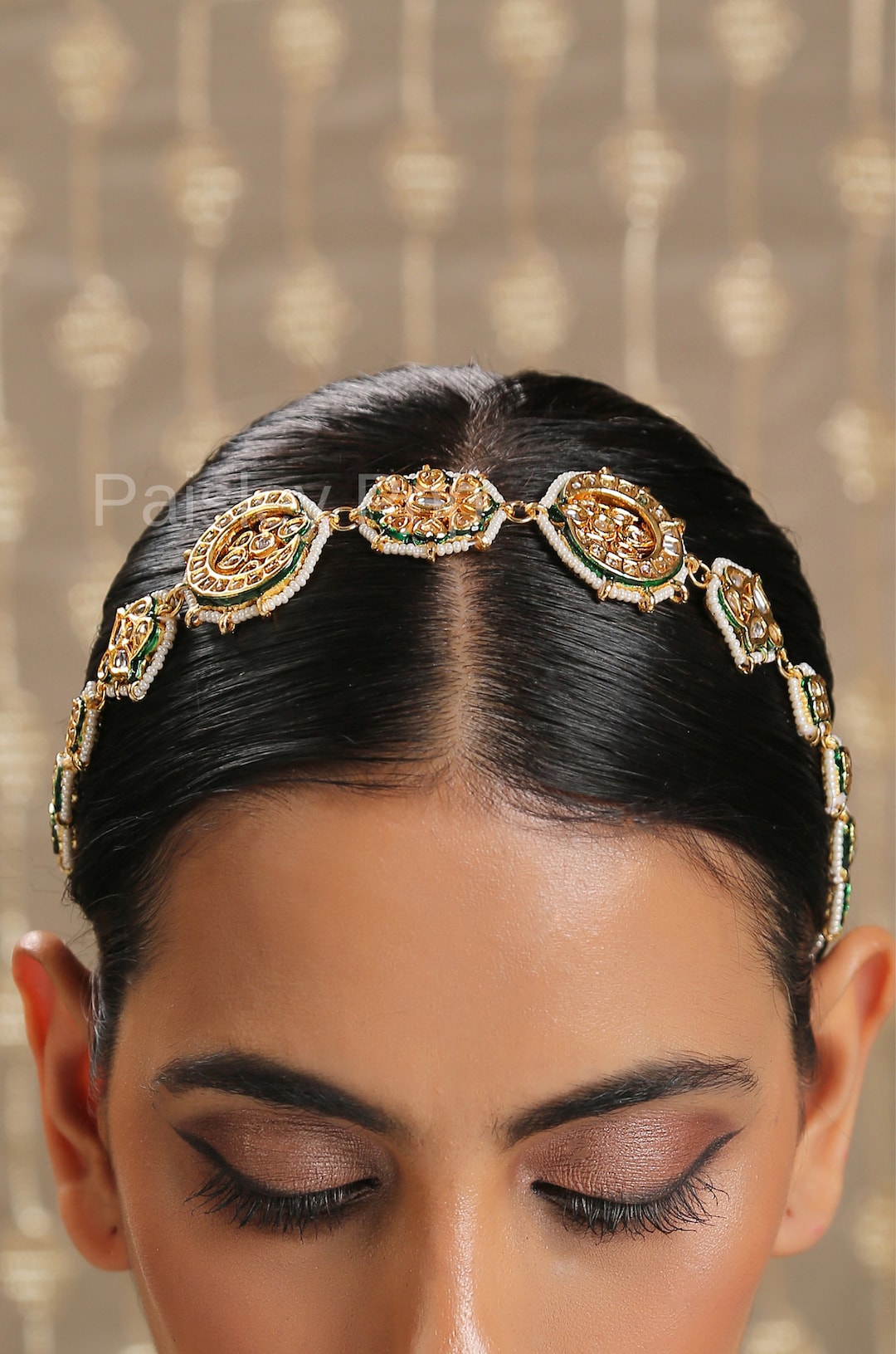 Gold-Plated Metal Traditional Floral Kundan Pearl Studded Beaded Head Chain/Paranda main image 1
