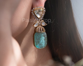 Victorian Polki Earrings | Doublet Stone Earrings | Sea Green Earrings | Faux Diamond Earrings | Cocktail Earrings