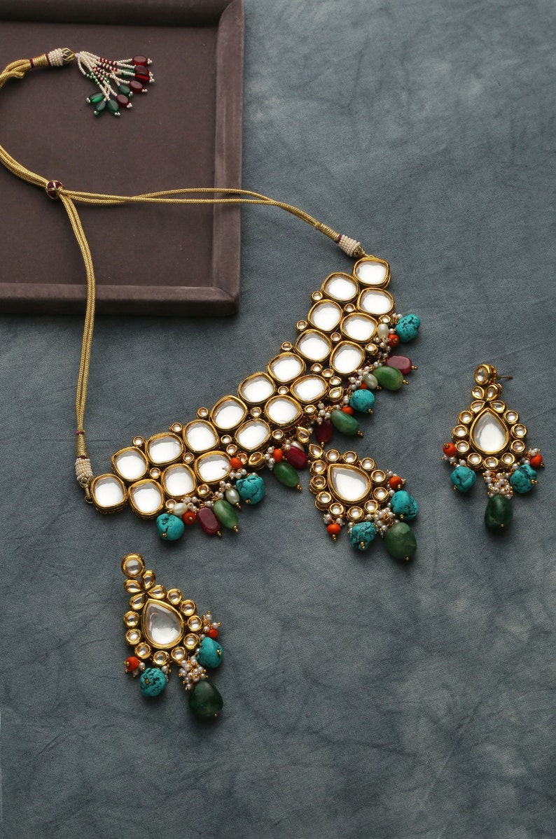 Navrattan Kundan Gold Plated Necklace Set/ Kundan Multicolored - Etsy