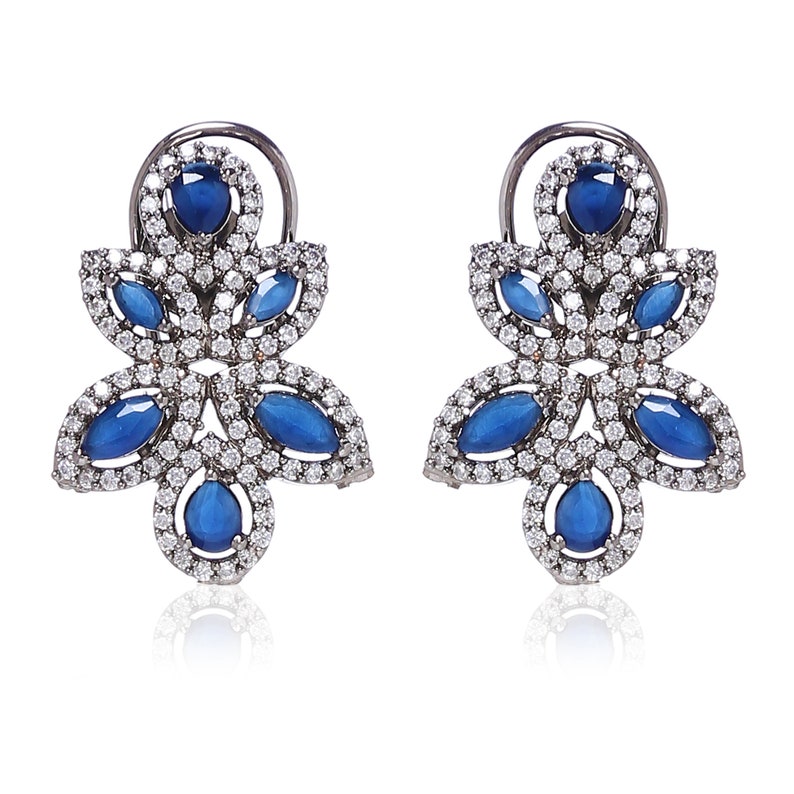 Yashika Blue Silver Tone Faux Diamond Studs / Silver Stud Earrings / Faux Diamond Earrings / Silver Tone Victorian Studs image 6