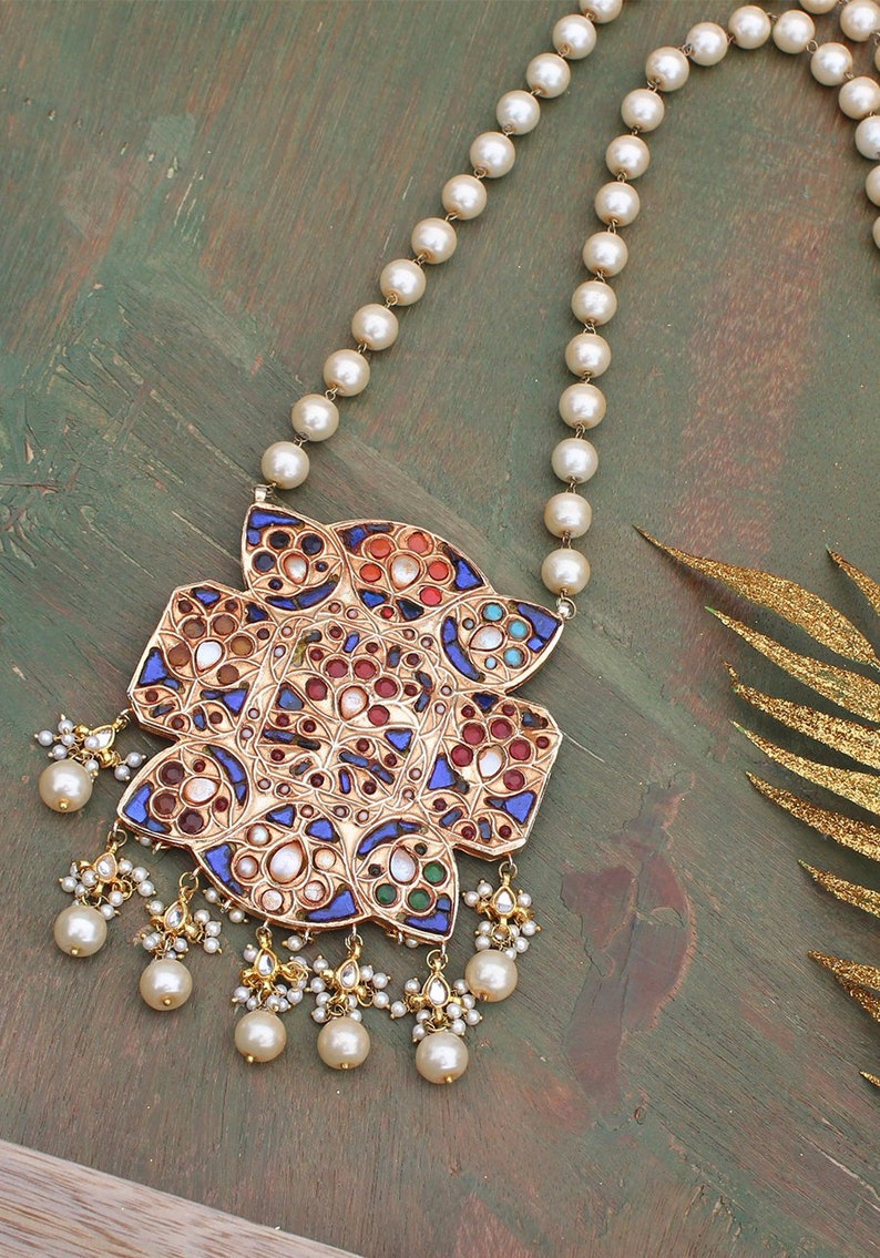 Blue Jadau Pearls Pendant Necklace/ Blue Meenakari Pendant Necklace image 4