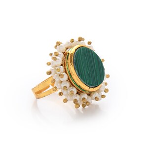 Green Gold Tone Pearl Beaded Adjustable Ring image 5