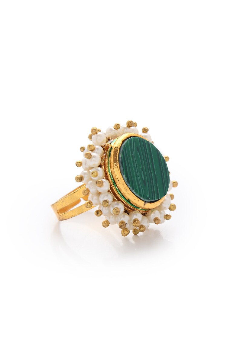 Green Gold Tone Pearl Beaded Adjustable Ring image 5