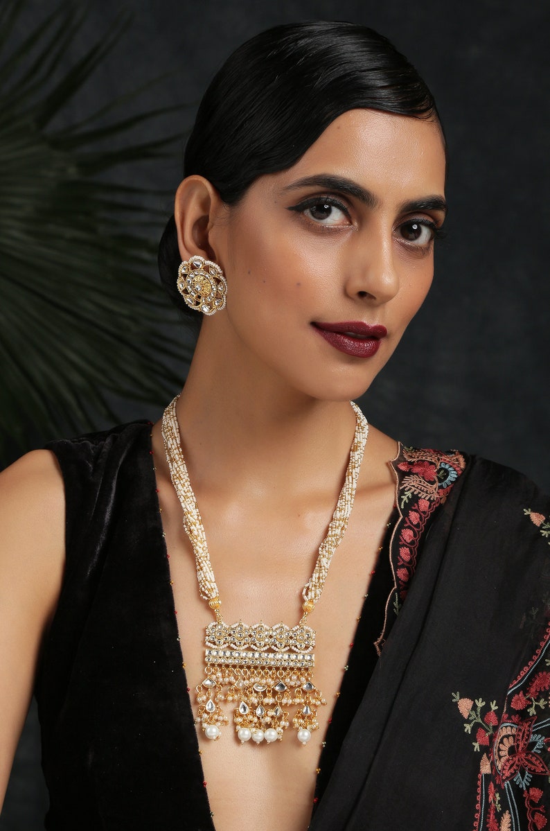 Gold Plated Kundan Necklace with Onyx and Pearls