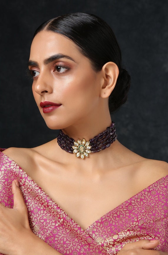 Purple Gold Plated Kundan Choker 