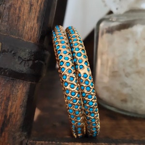 Turquoise Feroza Studded Gold Plated Indian Punjabi Jadau Bangles  | Blue Colored Bangles | Traditional Indian Jewelry | Bridal Jewelry |