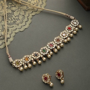 Gold Plated Navrattan Choker Set/ Navrattan Choker Set/ Gold Plated Kundan Navrattan Choker Set/ Gold Plated Kundan Multicolored Choker Set