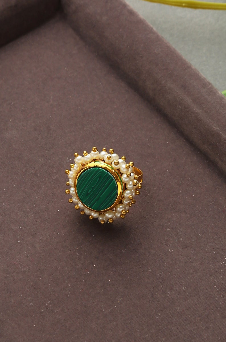 Green Gold Tone Pearl Beaded Adjustable Ring image 3