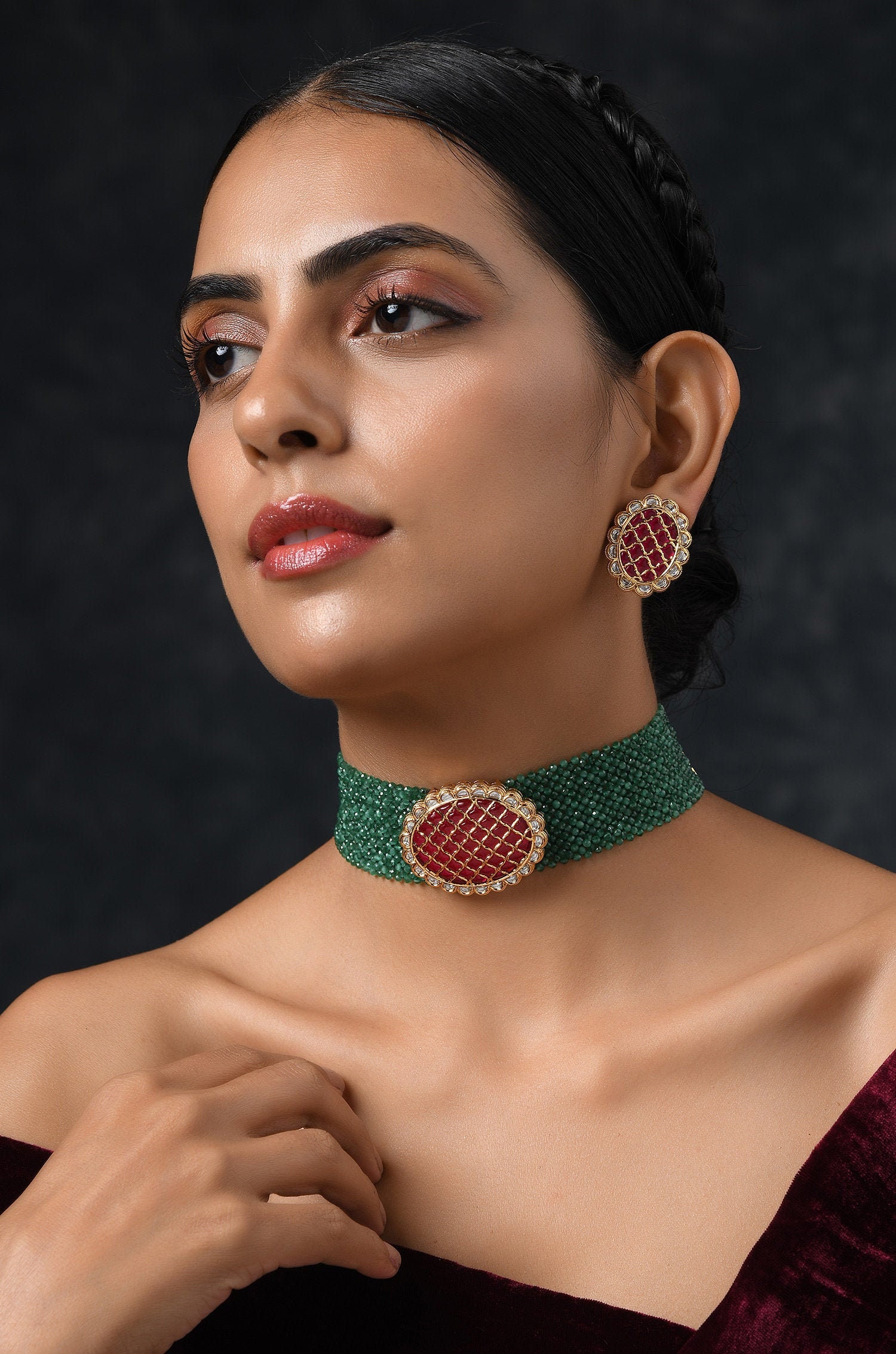 Green-red Gold Tone Kundan Inspired 
