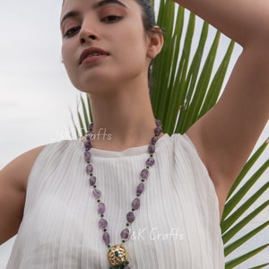 Gold Plated Kundan Pendant Necklace: Purple Amethyst & Pearl Indian Jewelry